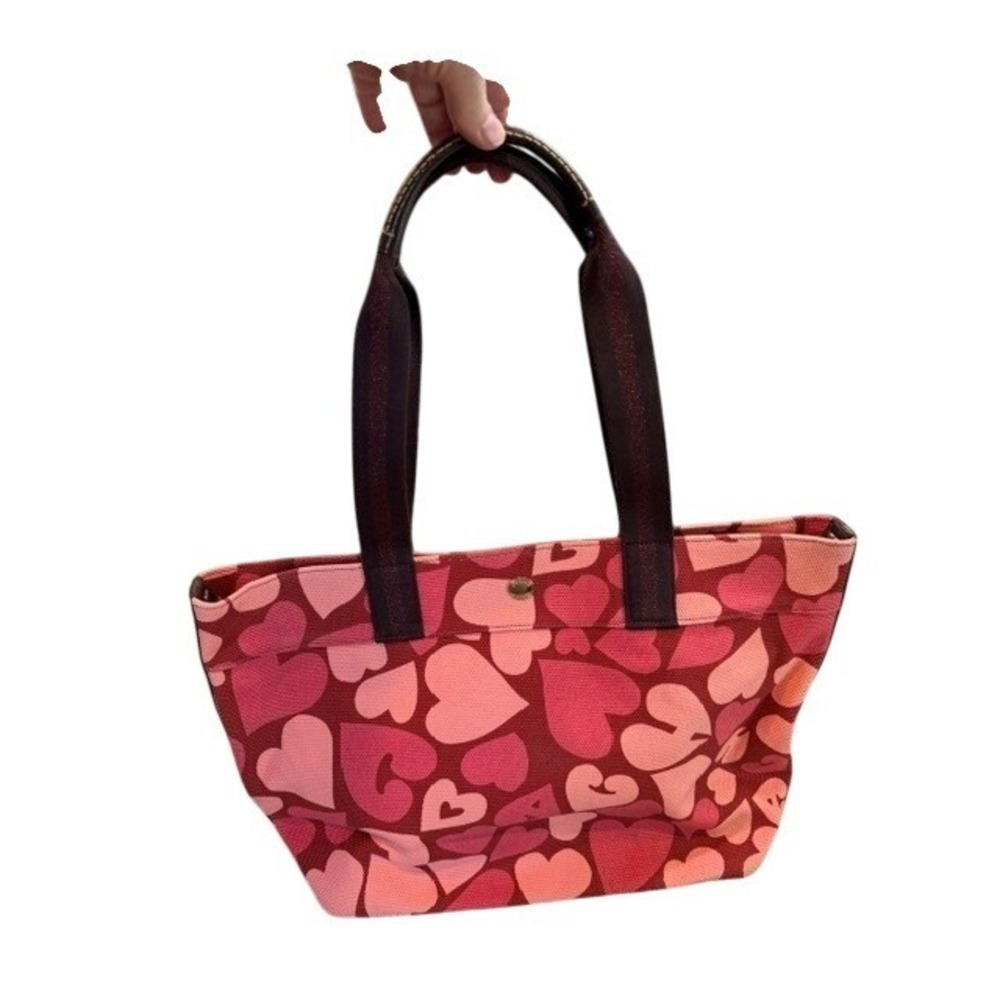Coach HEARTS Print Canvas Tote Shoulder Bag 91169 Purse Handbag Pink Red EUC